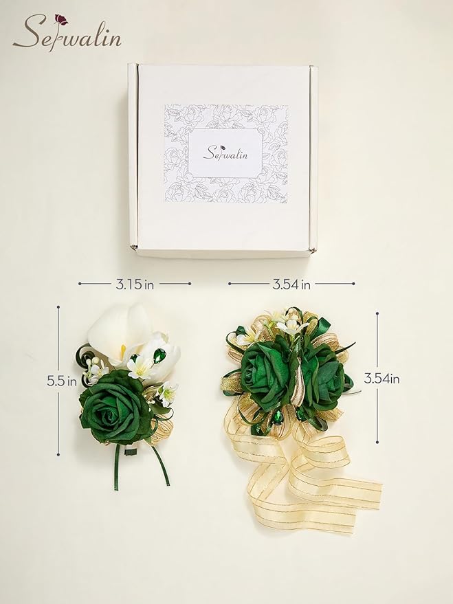 Serwalin Green Prom Corsage and Boutonniere Set, Artificial Calla Lily & Rose Wrist Corsage Wristlet for Homecoming, Formal Dance, Wedding Flower Accessories Suit Decorations
