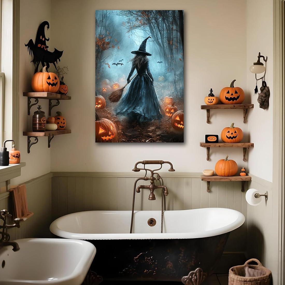 Vintage Moody Halloween Witch Artwork Wall Decor,Spooky Halloween Gothic Canvas Artwork Creepy Horror Witch with A Broom Pumpkin Bats Rustic Forest Picture,Dark Academia Poster,8"x12" Framed