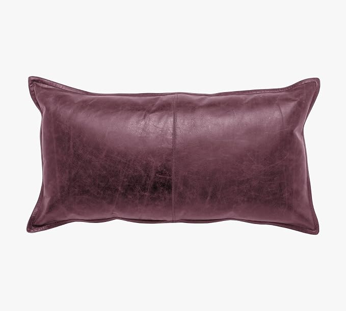 Genuine Leather Pillow Cover Case for Lumbar Throw Couch Pillows - Modern Farmhouse Decorative Sofa Thick & Soft Cushion Covers (Burgundy, 16" x 24")