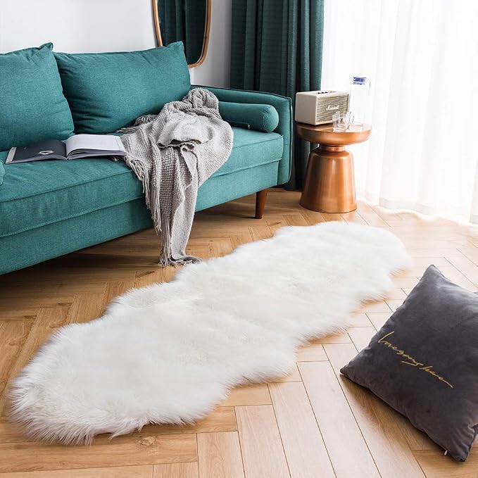 Carvapet Faux Sheepskin Rug Runner - Plush Fur Couch Pad Covers for Sofa, White Shaggy Decorative Area Rugs for Bedroom Bench 2ft x 6ft