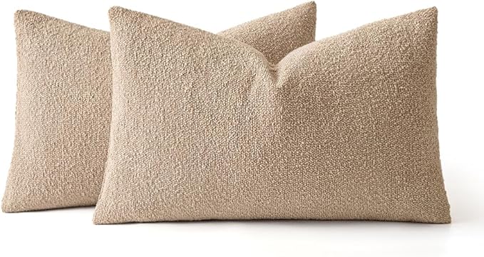 MIULEE 12x20 Inch Decorative Lumbar Pillow Covers for Bed Set of 2 Textured Boucle Neutral Throw Pillow Covers Taupe Khaki Camel Accent Solid Pillowcases Sofa Living Room Home Decor