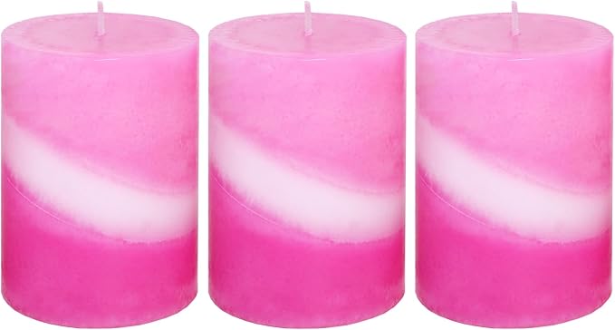 French Rose Scented Pillar Candles, 100% Cotton Core Pink and White Striped Paraffin Wax Candles for Home Wedding Dating Decor, Long Lasting Burn Time Aromatherapy Candles, 3x4 Inch Set of 3