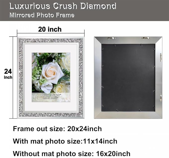 ALLARTONLY Big Mirror Photo Frame 16x20inch Mat To 11x14inch Crushed Diamond Bling Sparkle Home Decor, 2 Pack Crystal Silver Glass Wedding Picture Poster Wall Frame.
