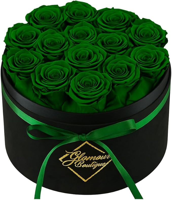 GLAMOUR BOUTIQUE Flowers Forever Gift Box, 12 Real Preserved Roses in Velvet Black Box, Floral Gift for Her, Mom or Wife for Birthday, Mother’s Day, Anniversary or Graduation, Green (Color-Treated)