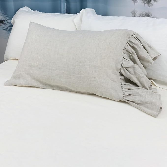 Bean Green Ruffles Linen Pillowcase, French Linen Pillow Cover, Twin Size 1 Piece Farmhouse Shabby Chic Pillow Case, 20''x26'' Pillowcase with Decorative Ruffle Envelope Closure