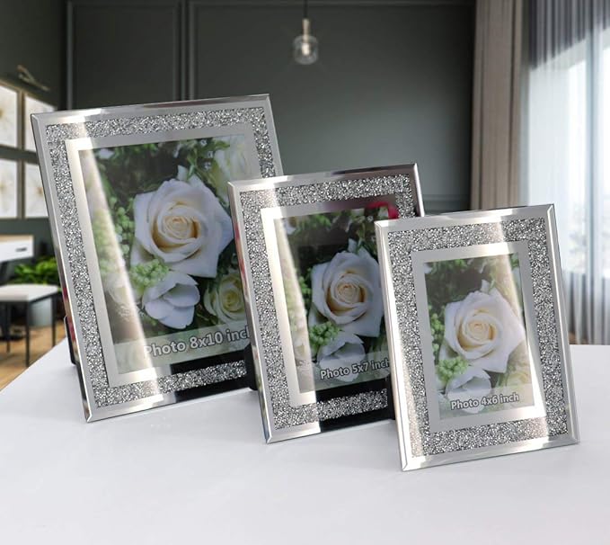 ALLARTONLY Crush Diamond Mirror Photo Frame In Bling Sparkle Crystal Silver Glass Finish, For Picture Size 4x6 inch, Pack of 2 Piece, table top Stand frame & Wall Frame