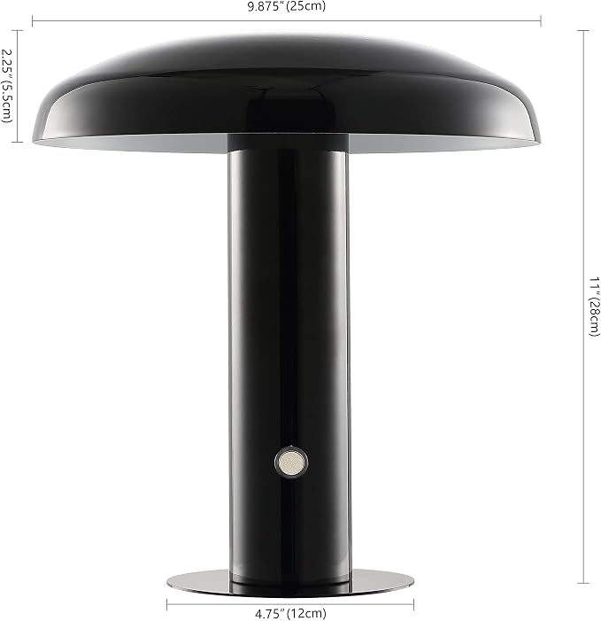 JONATHAN Y 11" Black Rechargeable LED Mushroom Table Lamp, Cordless Portable Dimmable Mid-Century Modern Accent Lamp, with Metal Shade, Touch Sensor JYL7114A