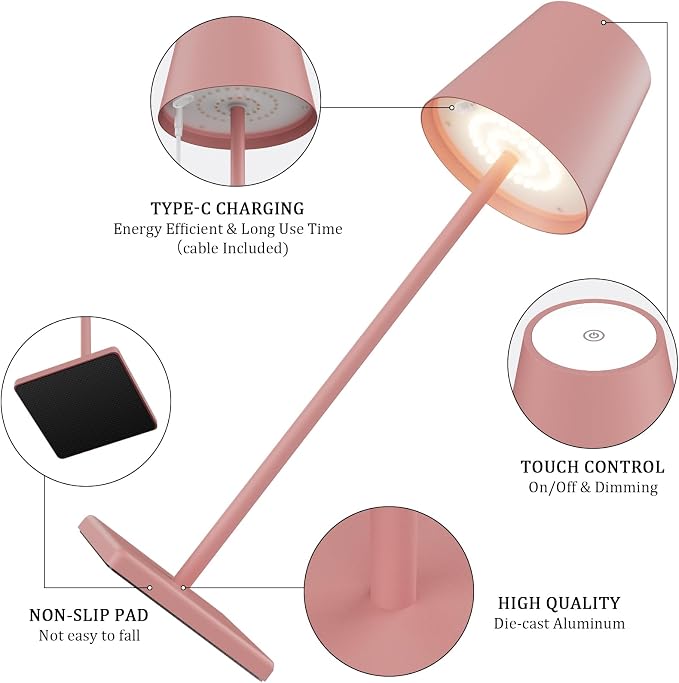 2-Pack LED Cordless Table Lamp, Rechargeable Battery Desk lamp 5000mAh Battery Operated Stepless Dimming Modern Portable Table Light for Restaurant/Bedroom/Outdoor IP54 Waterproof (Pink)