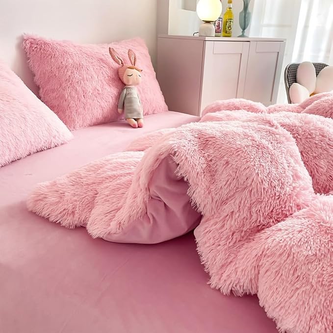 chovy Faux Fur Plush Light Pink Comforter Sets Full/Queen - Ultra Soft Shaggy Flannel Velvet Fluffy Fuzzy 3PC Bedding Set (Comforter x 1 Pillowcases x 2)