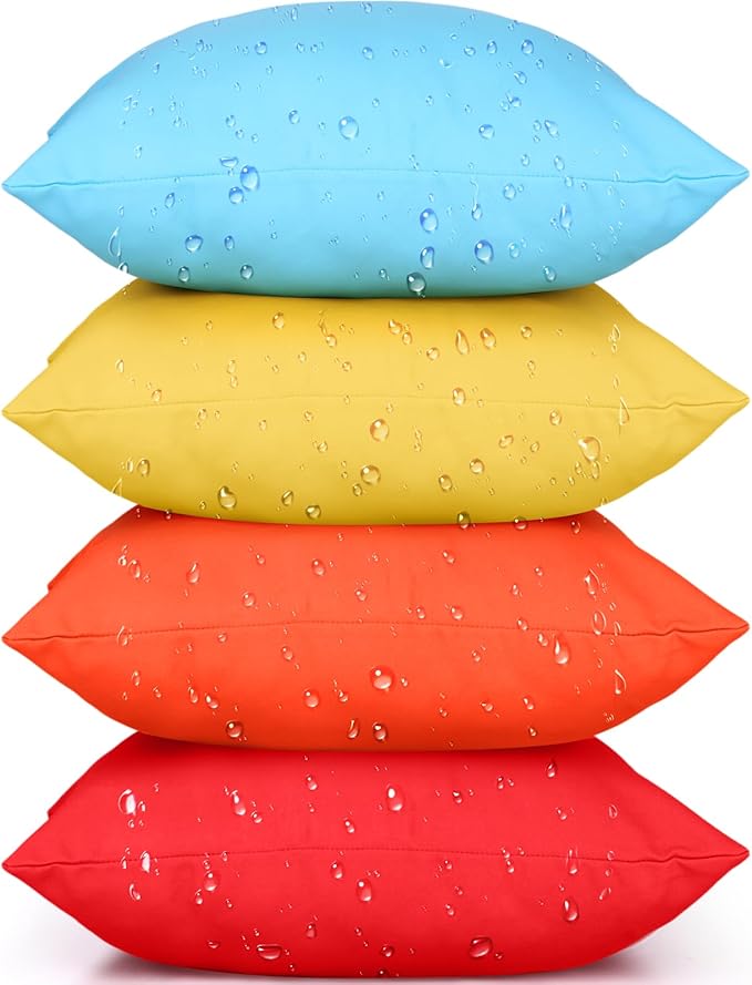 Colingmill 4 Set Waterproof Colorful Outdoor Throw Pillow Covers with 4 Pillow Inserts 18 x 18 Inch Picnic Decorative Waterproof Throw Cushion for Home Sofa Couch Patio