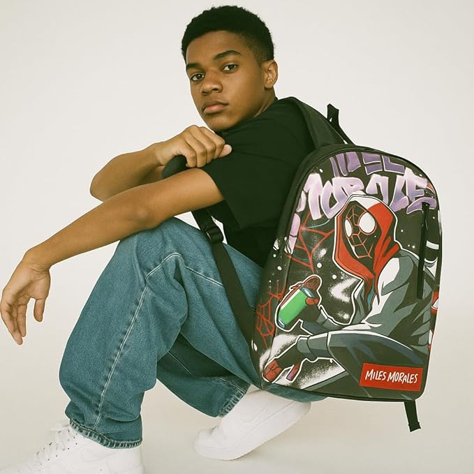 Marvel Miles Morales Spiderman Backpack for Teens | 16" Saffiano Leather School Bookbag with Rubber Luggage Tag | Spiderman Backpack for Boys, Girls, Unisex | Officially Licensed Marvel