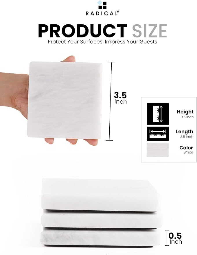 Radicaln White Marble Coasters Set of 6 Handmade 3.5" Inch Square Coasters for Drinks, Elegant Stone Coasters for Home, Office & Kitchen Decor