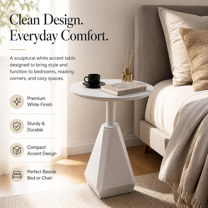 Round Wood Side Table, Coffee Nightstand Cocktail Drink Modern Accent Circle End Table, Wood Pedestal Base for Living Room, Bedroom, Small Spaces, Offices, Ivory