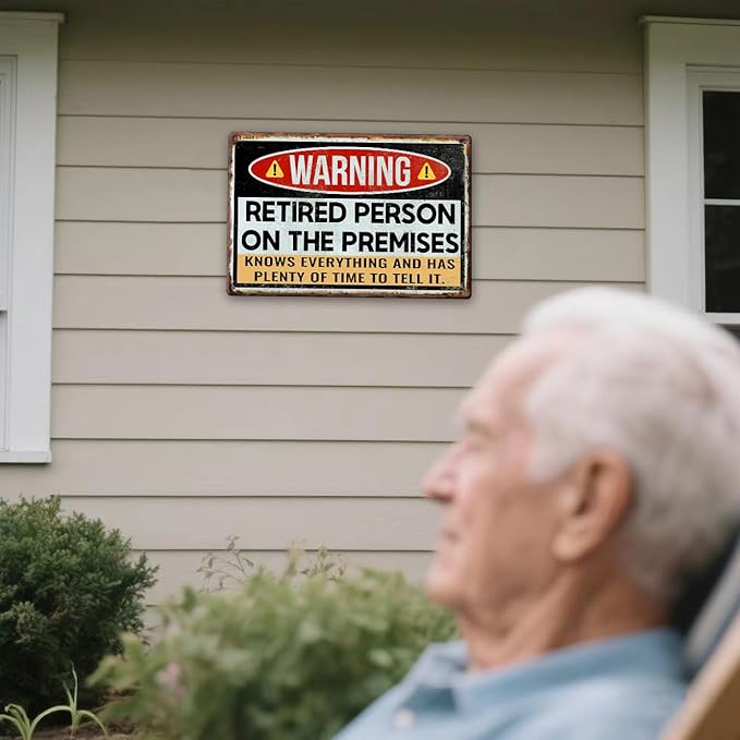 Funny Retirement Gifts for Men & Women - Warning Retired Person On Premises Sign - Teacher Retirement Party Decorations - Vintage Happy Retirement Metal Signs Personalized Door Sign 8x12 Inches