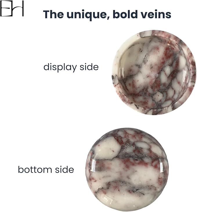 Marble Trinket Dish, Calacatta Marble Tray for Jewelry & Keys, Round Soap Dish & Decorative Stone Bowl Candle Holder for Entryway Table, Bathroom, Vanity (Viola, 5.5 INCH)