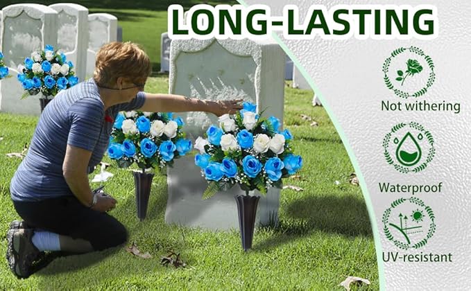 Lodou Set of 2 Artificial Cemetery Flowers, Memorial Flowers Bouquet,Grave Memorial Flowers with Vase for Cemetery Headstones Decoration (Blue White)