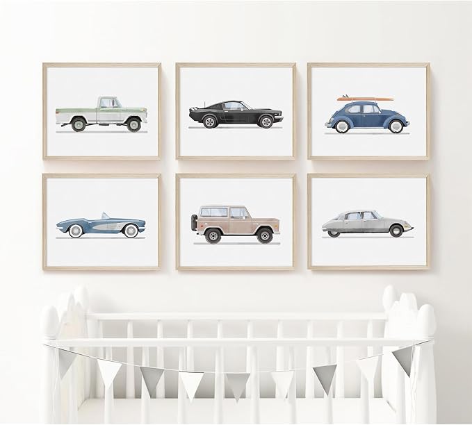 Blue Car Wall Art Decor Boys Room Wall Art Vintage Cars Canvas Poster Pictures Toddler Kids Room Prints Watercolor Vehicle Artwork Painting for Boys Bedroom Nursery 8x10 Inch Wood Framed Set of 6