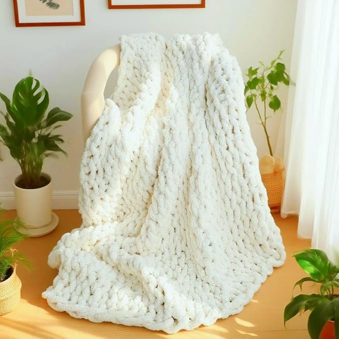 Handmade Chunky Knit Blanket, Cosy Chenille Throw (Cream, Throw (50" x 60"))