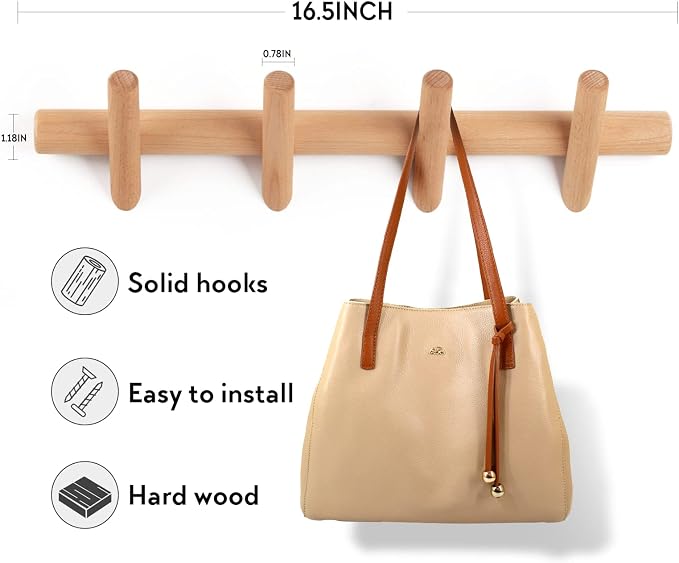 KYSMOTIC Wooden Coat Rack Wall Mounted | Modern Wood Coat Hooks for Entryway, Bedroom, Bathroom | 4 Pegs Wood Wall Hook for Hanging Clothes Robes Towels Hats