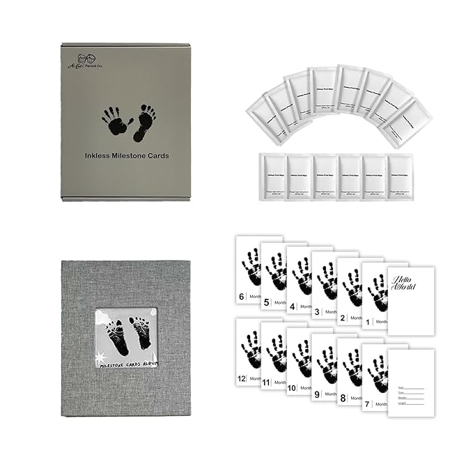 Baby Inkless Milestone Cards Hand Casting Kit Ink Print Hand and Footprint Kit Dog or Cat Pet Paw Print Kit Baby Newborn Footprint Kit Photo Album Keepsake Book Feet Stamp (Simple Gift Box + Album)