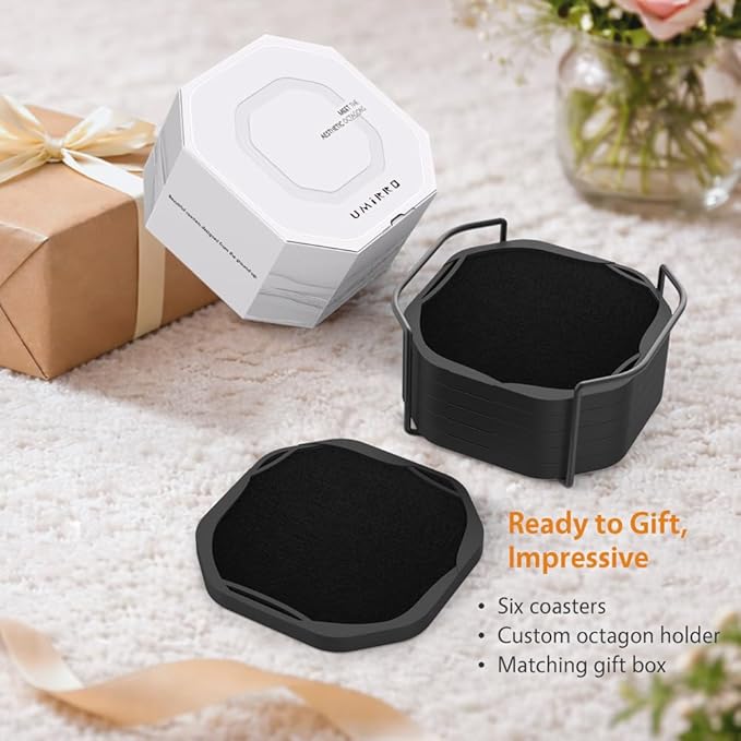 UMIRRO Black Octagon 4" Felt & Silicone Drink Cup Coasters Set of 6 with Holder - Super Absorbent, Built-in Leak Protection, Non-Stick, Modern Coasters for Coffee Table, Desk & Home Decor
