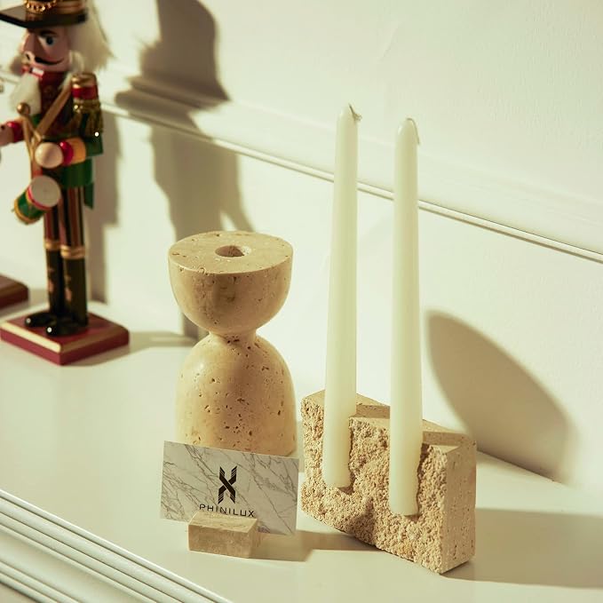 Marble Taper Candle Holder,Travertine Stone Candlestick Holder, Beige,Match Holder
