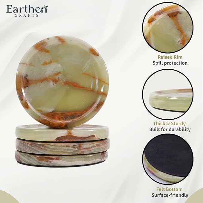 Marble Coasters Set of 4 for Drinks Green Onyx Handmade 4 Inches Stone Drink Coaster for Bar Accessories, Dining Table, Office Desk, Home Decor & Ideal for Gift