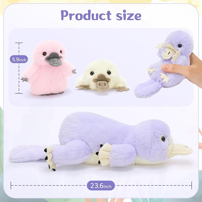 MorisMos 4Pcs Platypus Stuffed Animal, 24 Inch Cute Mommy Platypus Stuffed Animals with 3 Baby, Plush Gifts Kids Boys Girls, Purple
