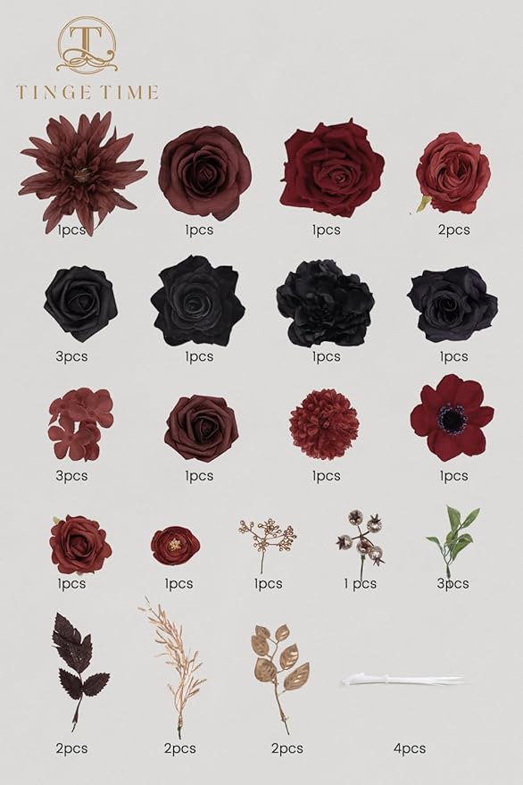 TINGE TIME Rose Artificial Flowers Combo, Fake Foam Roses with Stems for DIY Wedding Bridal Shower Decorations Party Table Centerpieces Fake Floral Arrangement Home Decor(Gothic Black and Red)