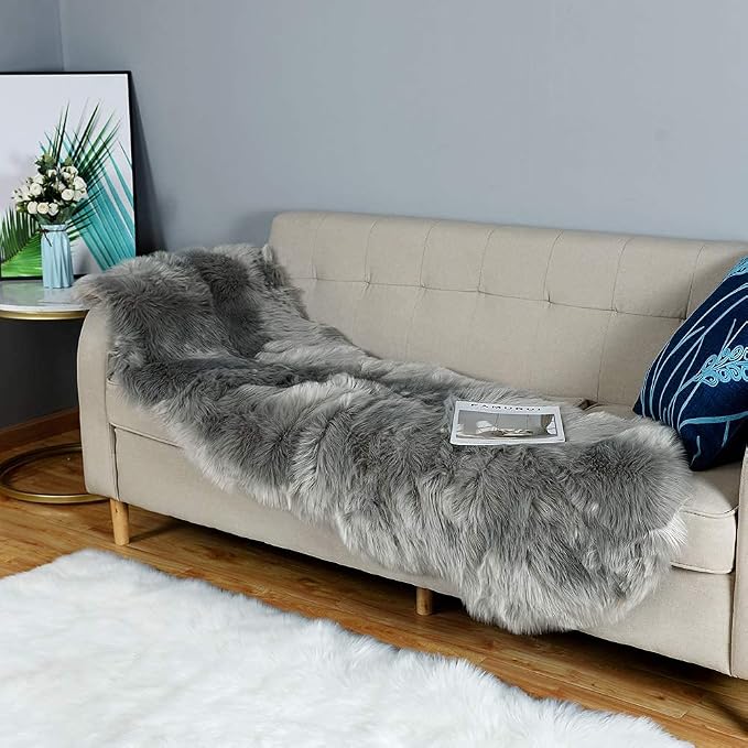 Carvapet 2x6 Faux Sheepskin Rug - Gray Shaggy Fluffy Area Rug Runner, Soft Plush Fake Fur Couch Seat Cushion Floor Cover Mat for Bedroom Living Room