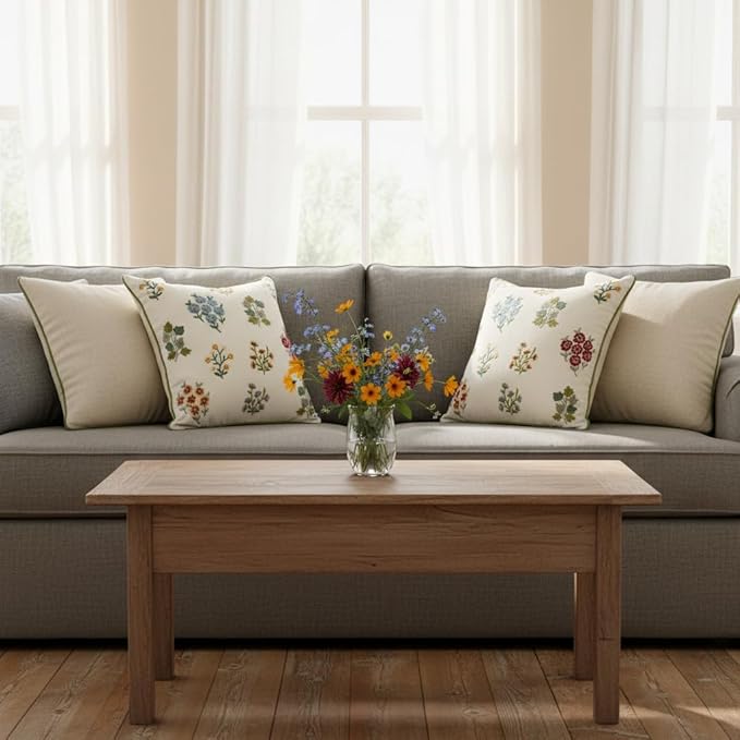 Embroidered Pillow Covers 18x18 inch Pack of 2 Multiflower Decorative Throw Pillow Covers Farmhouse Boho Pillowcases Spring Summer Pillow Cushion Cases Home Decor Square Floral Pillow Case