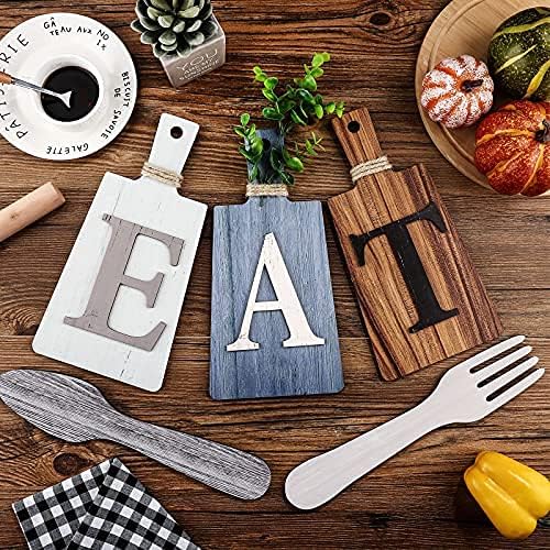 Jetec Cutting Board Eat Sign Set Hanging Art Kitchen Eat Sign Farmhouse Fork and Spoon Wall Decor Rustic Primitive Country Kitchen Decor for Home over Cabinet Decoration(Gray, White, Brown)