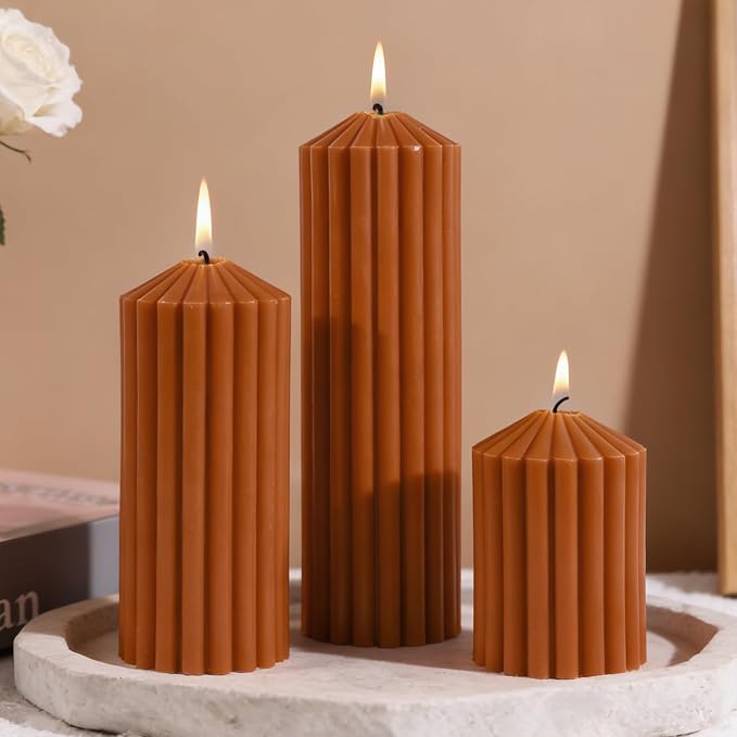 Burnt Orange Ribbed Pillar Candles Set of 3-Spiced Orange,Cinnamon & Clove Scented Soy Wax,Aesthetic Retro Textured Pillars-2.8x4,6,8in,High-Low Trio for Boho Home Decor,Spa & Gifting