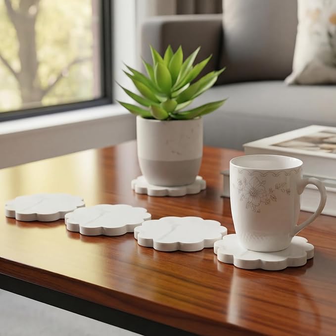 6 Piece Marble Coaster Set 4 x 4 Inch Natural Stone Coasters Scalloped Calacatta White Stone, Luxury Home Decoration, Drink Coasters for Coffee Table, Desk, Bar, Elegant Tabletop Accessories