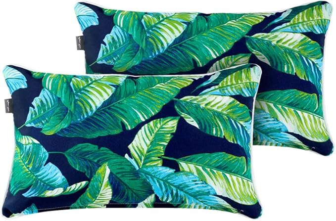 Magpie Fabrics Set of 2 Lumbar Throw Pillow with Insert 12x20 Inch, Outdoor Rectangular Waterproof Home Decorative Toss Cushion for Patio Garden Car Office - Green Lagoon Leaves
