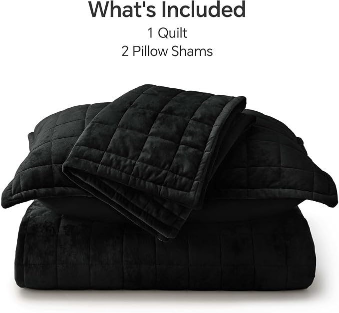 BEDELITE Velvet Quilt Set Queen Size - Luxury Soft Velvet Comforter Bedding Set for All Season, Lightweight Quilted Box Stitch Oversized Bedspread Coverlet with 2 Matching Shams, Black