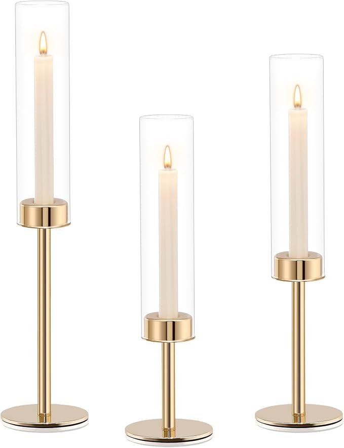 Gold Hurricane Glass Candle Holders Set of 3 Brass Taper Candlestick Holder | Windproof Flameless Candle Holder, Tall Candle Stick Holder, Table Centerpieces for Wedding, Christmas Party, Fireplace Decor