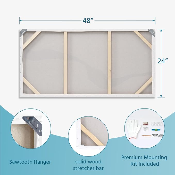 Large Modern Abstract Ocean Wave Canvas Wall Art Coastal Oil Painting Decor | 24x48 In Hand‑Painted Horizontal Minimalist Artwork for Living Room Bedroom Office, Original Blue & White Wall Decor Gifts