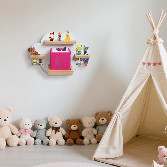 Cloud Toines Shelf, for TonieBox 1 and Toniebox 2 Tonies Wall Shelf Tonies Storage for 12-20 Toine Figures Characters Magnetic Shelf for Tonies Toniebox, Charging Station, Kids Play Room(White)