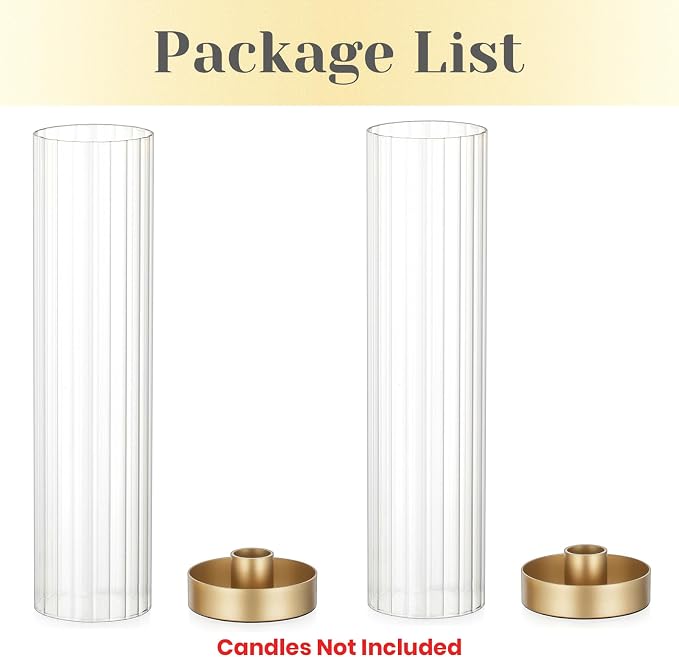 Hewory Hurricane Glass Candle Holders: Set of 2 Gold Candlestick Holders with 11" Tall Clear Cylinder Hurricane Cover, Taper Candle Holder for Wedding Table Centerpiece Party Christmas Home Decor