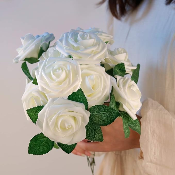 Mocoosy 50Pcs White Rose Artificial Flowers, Ivory Roses for Decorations, Real Touch Fake Rose with Stems Bulk DIY Wedding Bouquet Bridal Shower Mother's Day Floral Arrangement Party Home Decor