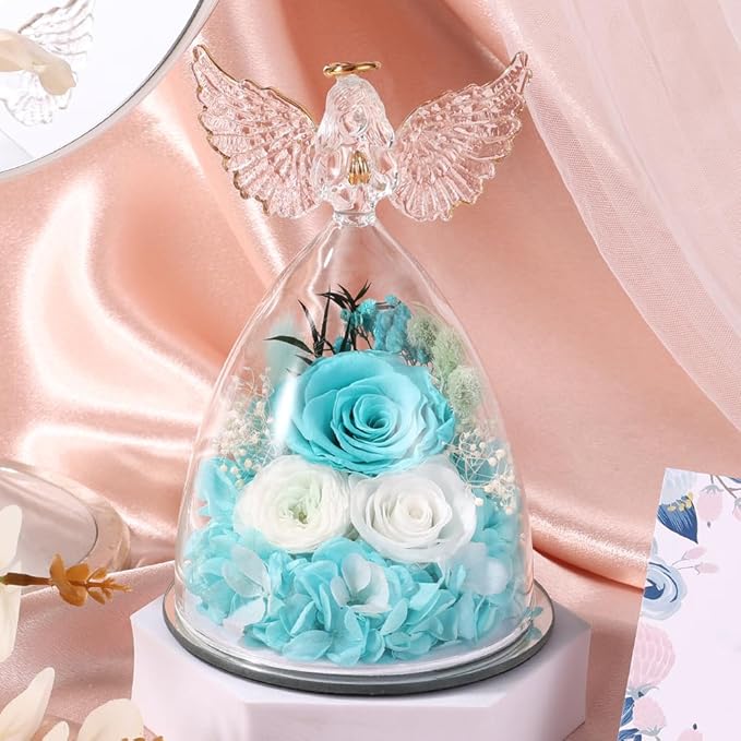 FIACO Gifts for Women Mom Preserved Rose Forever Flower in Glass Angel Figurine Fresh Flowers for Delivery Birthday Gifts for Grandma Wife Sister Christmas Anniversary Eternal Roses