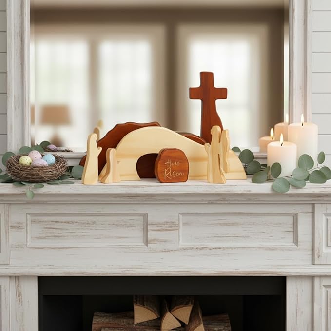 He is Risen Easter Decor β Wooden Resurrection Scene with Empty Tomb, Cross & Figurines, Christian Religious Tabletop Decoration for Home, Faith Easter Gift, Easter Basket Stuffer