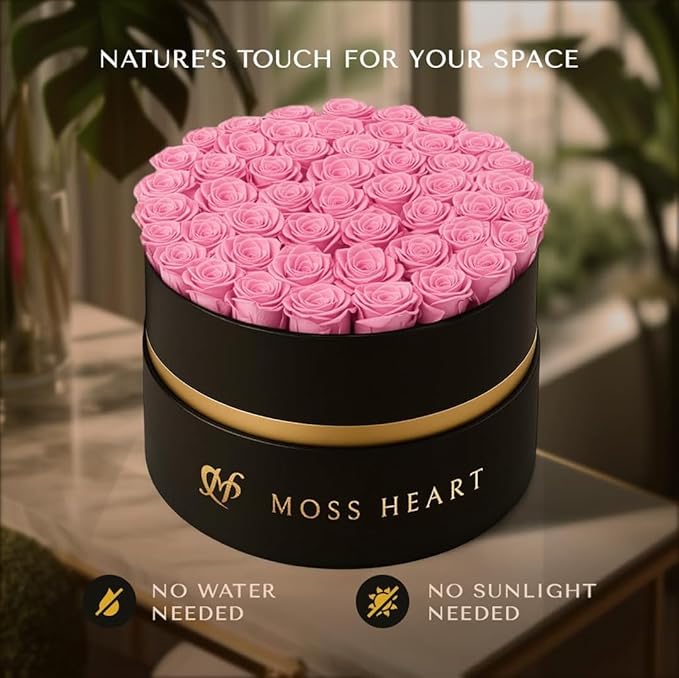 50 Petite Preserved Roses, Designer Round Box, Real Forever Roses Last 1+ Year, Premium Gift for Women, Wife, Girlfriend, Mother’s Day, Birthday, Anniversary, Valentine’s Day