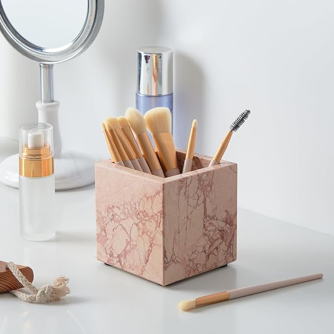 Real Luxurious Natural Marble Toothbrush Holder & Makeup Brush Organizer & Pen Holder for Desk,3.93inch Square Marble Utensil Holder Non-Ceramic/Non-Resin (Pink)