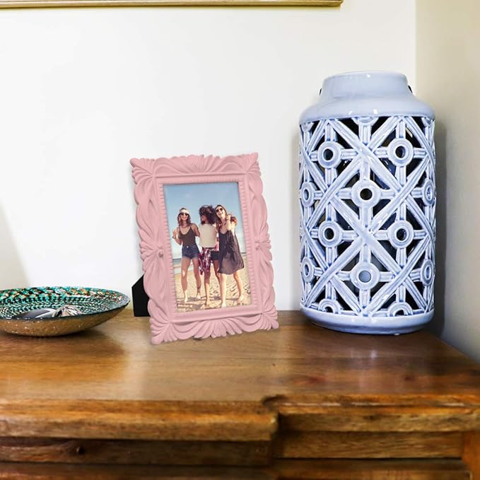 Isaac Jacobs 4x6 Pink Wave Textured Hand-Crafted Resin Picture Frame with Easel & Hook for Tabletop & Wall Display, Decorative Swirl Design Home Décor, Photo Gallery, Art, More (4x6, Pink)