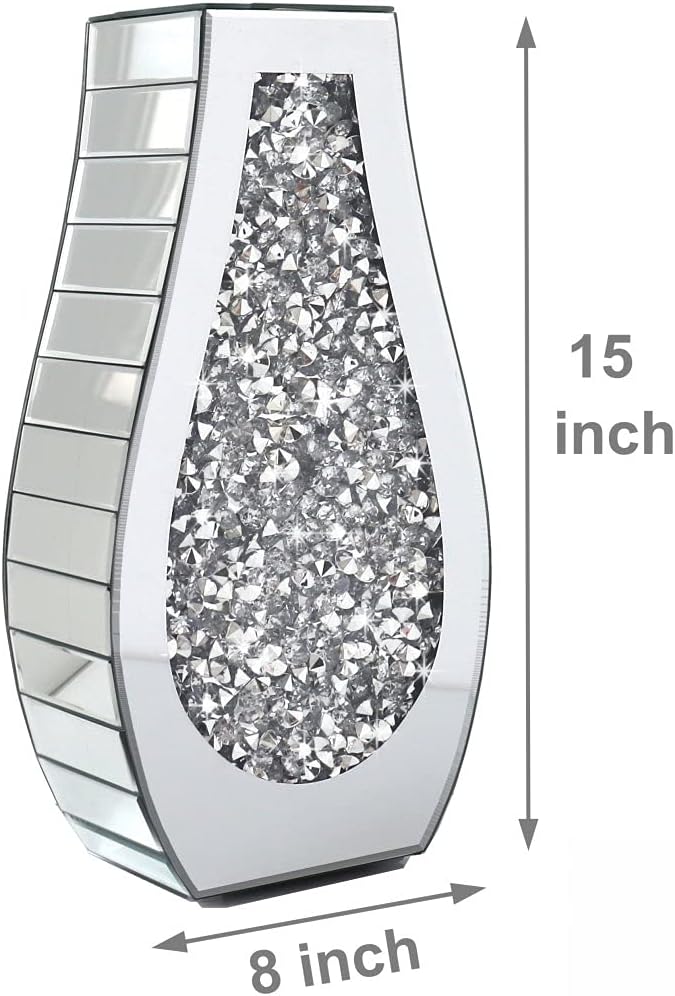 ALLARTONLY Flower Vase Crushed Diamond Mirrored Vase Crystal Silver Glass Decorative Mirror Vase Large Size Luxury for Home Decor. Arc-Shaped Thickened. Can’t Hold Water.
