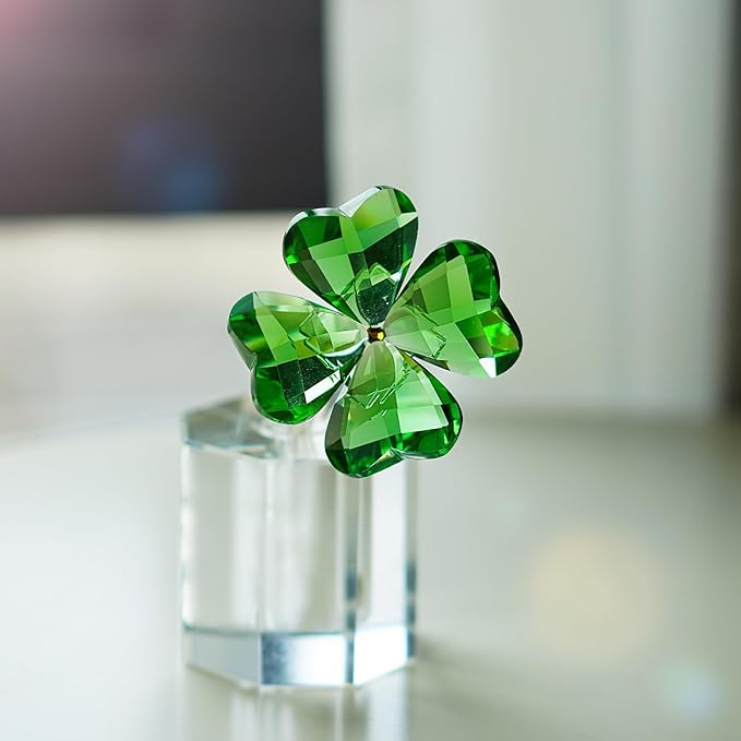 HDCRYSTALGIFTS 4'' Crystal Flower Dreams Four Leaf Clover Figurine Collectibles Green Crystal Glass Statue Ornament Lucky for Mom Women Car Table Shelf Decorations,Green