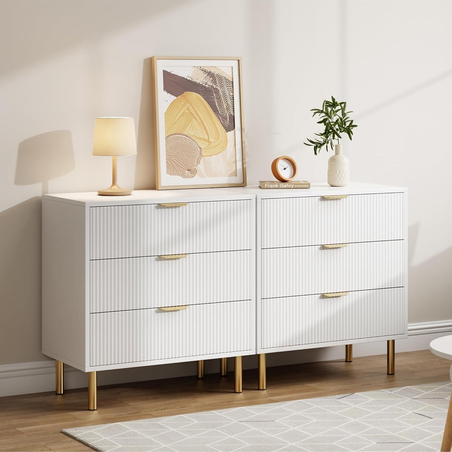 GAOMON 3 Drawer Dresser, Wood Chest of Drawers Organizer Storage with Gold Handle, Small Storage Cabinet, Modern Design Dresser for Bedroom, Living Room, Closet, Hallway, Entryway, White