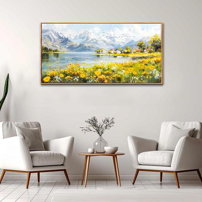 XIGUANGART Framed Canvas Wall Art Vintage Decor, Landscape Wall Art, River with Flowers Art, Modern Farmhouse Decor, Cottagecore Bedroom Bathroom Office Decorations, Living Room Pictures,20"x40"